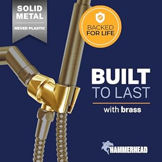 HammerHead Showers Solid Metal Handheld Showerhead Holder, Adjustable Wand Holder with Universal Wall Hook Bracket and Brass Pivot Ball, Brushed Gold
