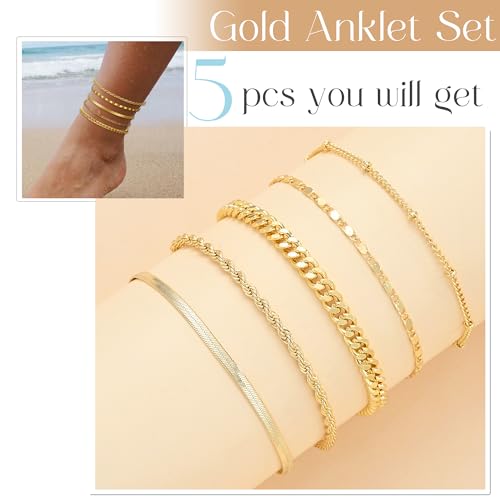 Image of iF YOU Gold Ankle Bracelets for Women, 14k Gold Plated Waterproof Cuban Link Chain Anklets Set, Layered Anklet Bracelets for Women Beach Gift Adjustable Size 5pcs