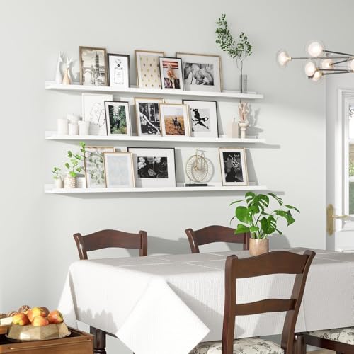 Image of Wooden Floating Wall Shelves Set of 3 for Living Room & Bedroom | Modern Wall Mounted Display Rack for Decor, Photo Frames, Plants & Storage (White, 56 Inch)