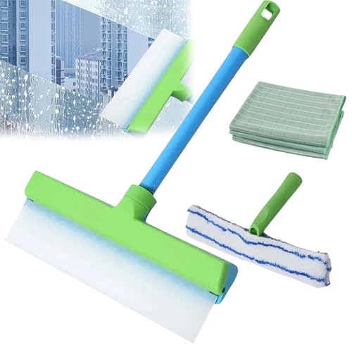 Recyclable Silicone Window Squeegee Kit - 3-in-1 Window Washer,Squeegee and 3 Microfiber Cloths, Ergonomic Handle & Streak-Free Blade for Windows, Mirrors, Shower Doors, Glass (Green)
