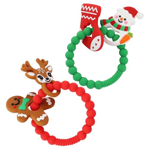 Image of 2 PCS Christmas Teething Ring Toys, Silicone Baby Teether Chew Toys for Newborns Infants Toddlers, Girl and Boy Christmas Stocking Stuffer Party Favors Gifts