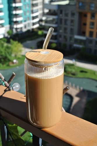 2 Adet Cam Pipetli Çizgili Bardak Bambu Kapaklı Soğuk Sıcak Kahve Bardağı Kokteyl Bardağı