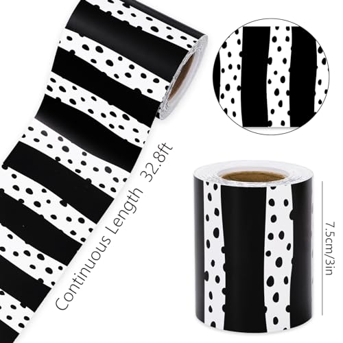 Image of Whaline 32.8 Ft Bulletin Board Borders Black White Dot Stripe Die-Cut Rolled Border Trim for Back to School Classroom Office Chalkboard Decoration