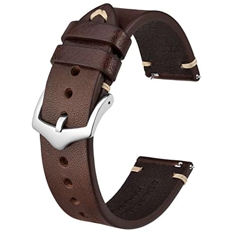 BISONSTRAP Men's Watch Straps, Hand-Stitched Leather Watch Replacement Bands, Quick Release, 22mm, Coffee Brown with Silver Buckle Cover