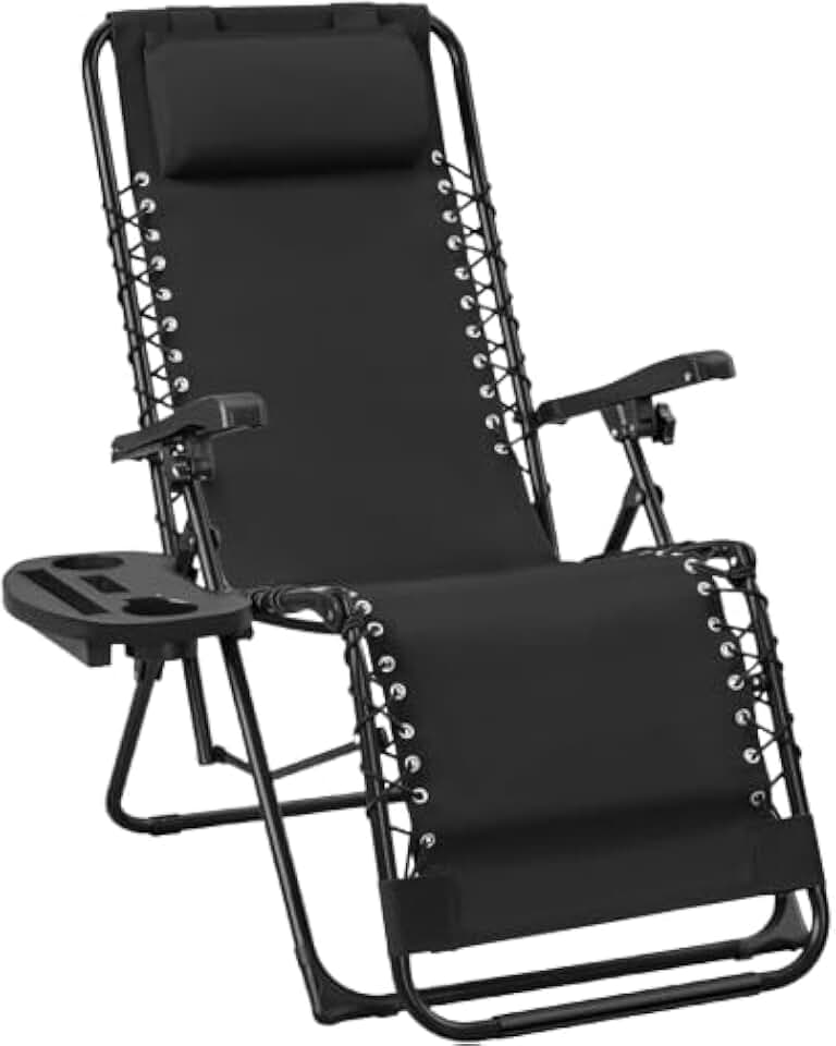 Tumbona Plegable para Exterior | Reposapiés y Cojín Ajustable | Silla Reclinable Bandeja Lateral para Bebidas, Móvil y Libros | para Terraza, Camping, Playa, Piscina (Negro)