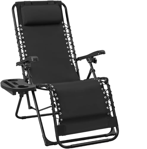 Tumbona Plegable para Exterior | Reposapiés y Cojín Ajustable | Silla Reclinable Bandeja Lateral para Bebidas, Móvil y Libros | para Terraza, Camping, Playa, Piscina (Negro)