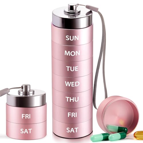 Metal Large Pill Organizer Travel Weekly Pill Box Portable Aluminum Alloy Waterproof Container 7 Day Daily Medicine Organizer Holder for Vitamin Fish Oil Supplement Organizer Pink