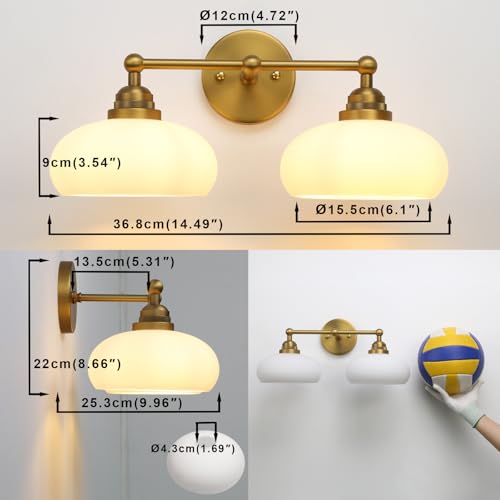 Image of Yosoan 2-Light Brass Boho Vanity Wall Sconce with Milk White Shade, Indoor Mordern Hardwired Vintage Industrial Wall Mounted Gold Single Wall Light for Bedroom Living Room Stairwell Hallway(Antique)