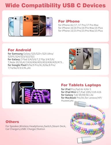 Image of USB C to USB C Cable 1FT,60W Fast Charging Beaded Charger Cord 30CM for iPhone 17 16 15 Pro Max /iPad Air 11 10th for Samsung S26 S25 S24 Ultra S23 A16 A17 /Android Phone Charger Cord Cute Girls Women