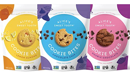 Alice’s Sweet Tooth 3-PACK BUNDLE: Chocolate Chip, Double Chocolate, Lemon Almond Cookie Bites – Gluten-Free, Vegan, Crunchy Mini-Cookies – Plant-Based, Dairy-Free, Grain-Free, Kosher – 5.5 oz each