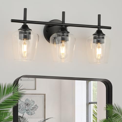 Image of foucasal Bathroom Vanity Light Fixtures, 3-Lights Modern Black Vanity Lighting with Clear Wine Glass Shade, Bathroom Lights Over Mirror, Wall Lamp for Bedroom, Hallway, Living Room, Restroom