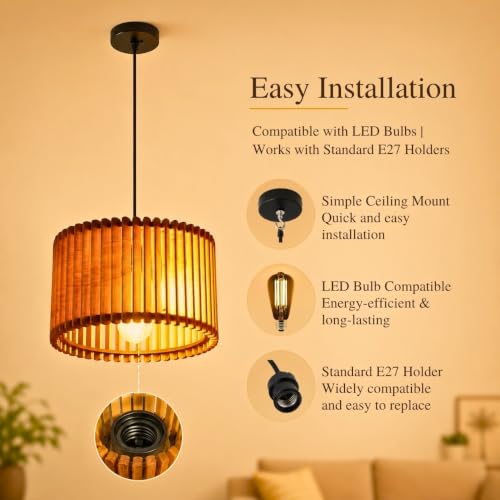 Image of Wooden Ceiling Lamp Hanging Pendant Light for Home Decoration | Wood Chandelier for Living Room, Bedroom, Dining Table & Cafe | Elegant Ceiling Shadow Light Patterns | Bulb Included