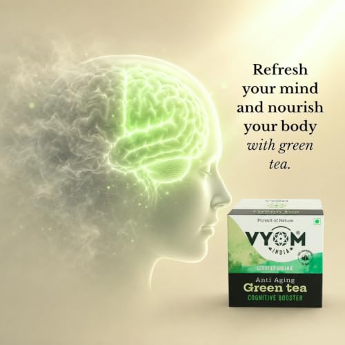 Image of VYOM INDIA Organics Green Tea For Weight Loss - 15 Bags | Anti Aging, Cognitive Booster, Strengthen The Function Of Brain, Reduces Stress, Boost Metabolism | Tulsi & Lemongrass Flavour