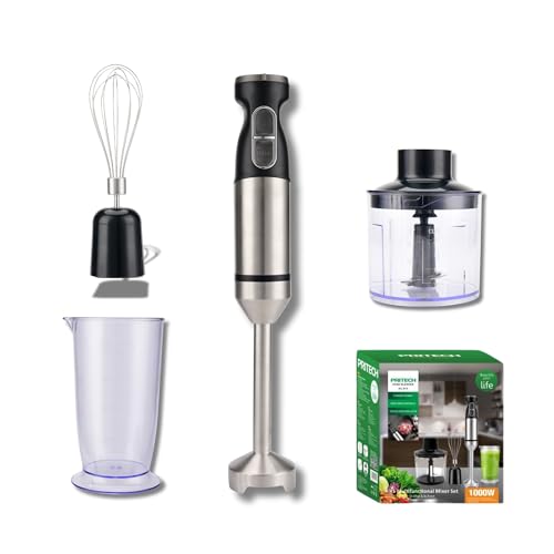 PRITECH Batidora de Mano 4 en 1, Potente Motor de 1000W, Multi Velocidades y Función Turbo, Cuchillas de Acero Inoxidable Incluye Vaso Medidor, Picadora, Varilla y Batidor, Puré, Baby food, Batido