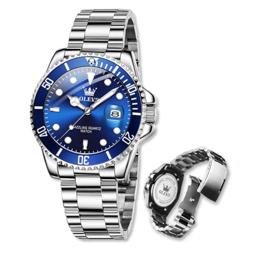 Raitown Herrenuhr Edelstahl, 41mm Zifferblatt mit Leuchtindizes und Datumsanzeige, 30M Wasserdicht, Analog Quarzwerk, Klassische Männer Armbanduhren Blau