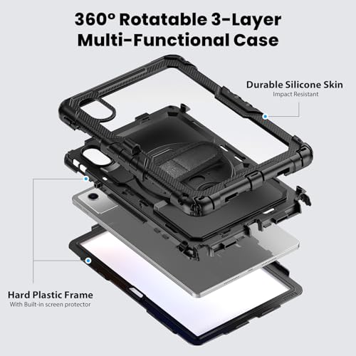Image of Junfire Protective Case for Lenovo Idea Tab 11-inch 2025,Black | Screen Protector, Shockproof, Hand Strap, 360Rotating Stand, Pencil Holder, Carrying Strap, Hard Shell