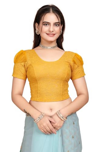 Image of SFT Women's Organza Patch Readymade Saree Blouse with Round Neck Half Sleeves Abstract Pattern Pull On Closure Regular Fit and Standard Length