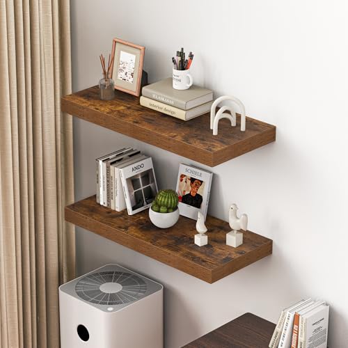 Image of Dreamland 32 inch Floating Shelves for Wall, 12 inch Deep Thicker Floating Shelves, Wall-Mounted Shelves for Bedroom, Living Room, Kitchen, Bathroom,Rustic Brown - Set of 2
