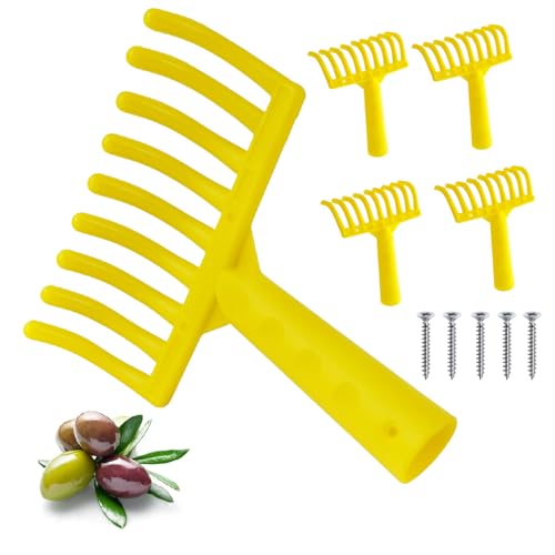 Crisalide® - 5 rastrillo peine para aceitunas, 9 dientes de plástico, casquillo cónico para mango universal, de plástico amarillo profesional