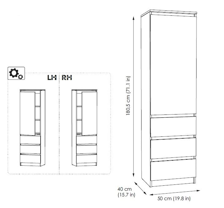 KUBUTKU Mehrzweckschrank mit 3 Schubladen 3 Fächern und Türen Haushaltsschrank Kleiderschrank Büroschrank 180,5x50x40 cm (Weiß)