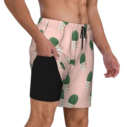 Men's Cactus Pink Print Quick-Dry Mesh Swim Trunks Stretch Lining Beach Shorts Surfing Summer Vacations