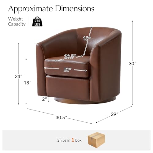 Image of HULALA HOME Genuine Leather Swivel Barrel Chair, Round Swivel Accent Chair with Solid Wood Base, No Assembly Required, Brown