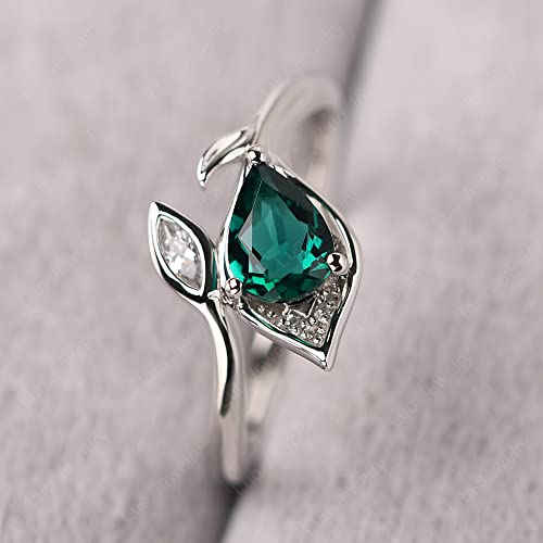 LUO 925 Sterling Silver 7x5mm Teardrop Birthstone Rings for Women, Pear Cut Gemstone Halo Eternity Leaf Jewelry, Anniversary Promise Rings for Her Size 3-133