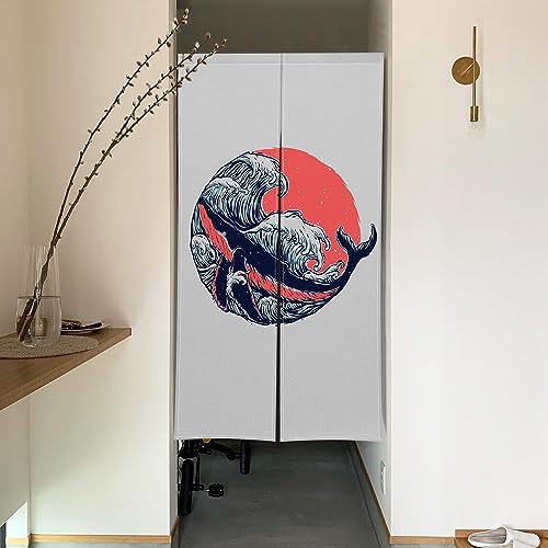 のれん Qinunipoto 和風 波とクジラ 暖簾 シンプル風 幅72cm丈120cm インテリア 出入り口 目隠し おしゃれ すだれ 遮光 部屋 間仕切りカーテン 門カーテン ポリエステル製 オーダー可 簡単取付 四季兼用