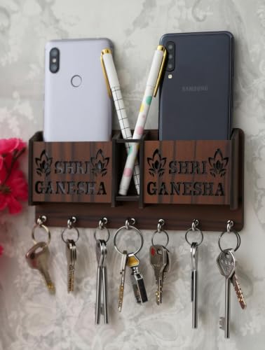 Image of CAPIO ART Wooden Wall Mounted Key Holder with 7 Hooks & Shri Ganesha Design
