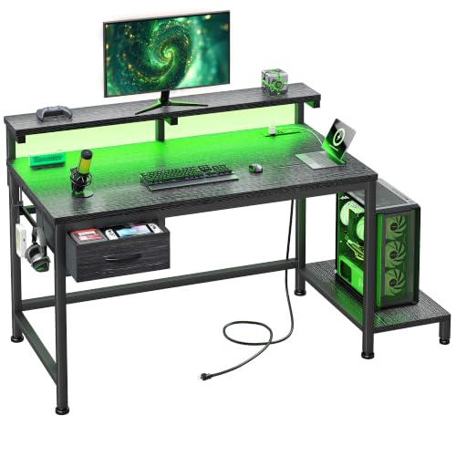 Image of DurayLoly 32 inch Gaming Desk with Power Outlet and LED Lights,Bedroom,Black