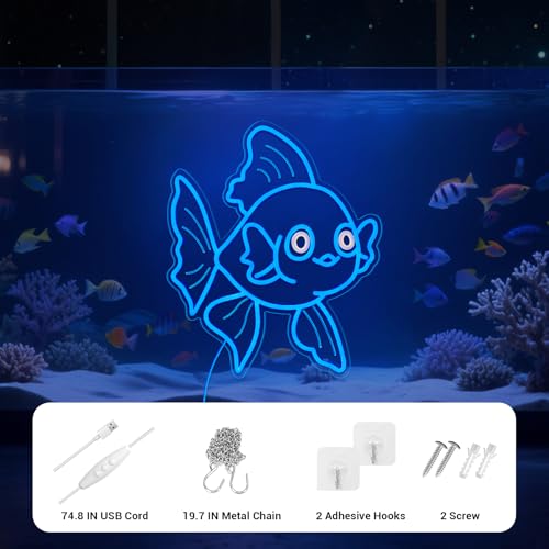 Image of Neon Signs for Wall Decor Lucky Blue Goldfish LED Signs for Wall Art Decor Ocean theme Restaurant Home Bar Kitchen Dining Bedroom Decor Christmas Gifts