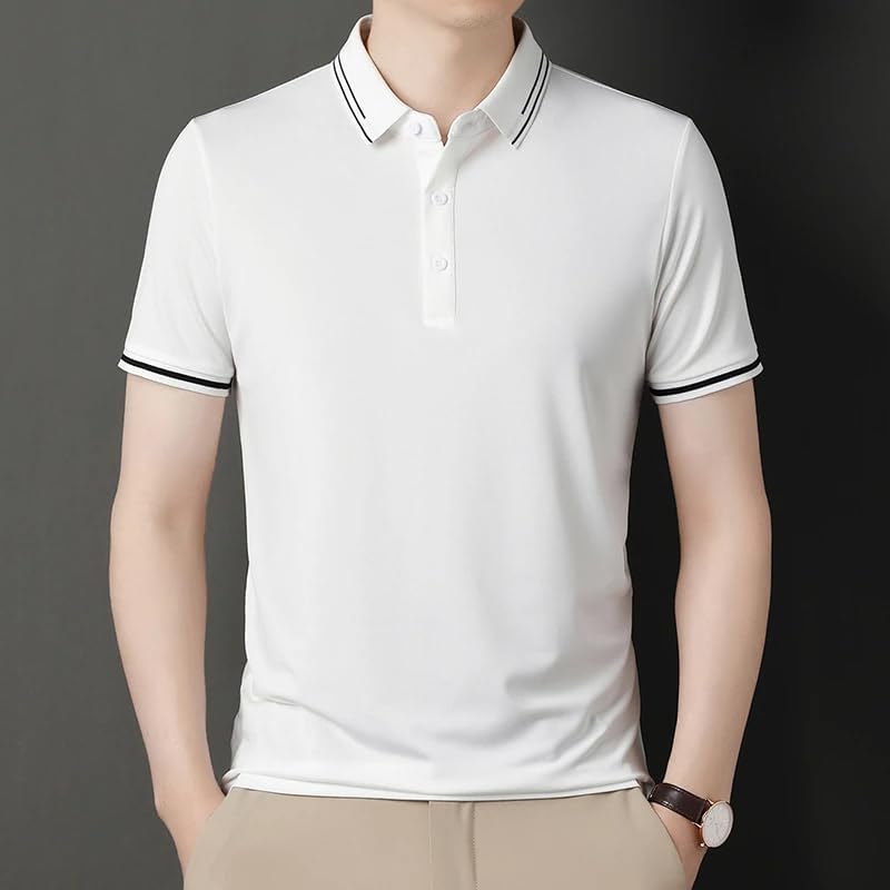 Mens Silk Blend Polo Shirts Short Sleeve Casual Business Golf T-Shirts Classic Fit Soft Tops
