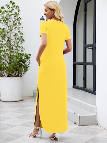 Image of Heymoments Womens Summer Maxi Dress Short Sleeve Casual Loose Long T Shirt Split Vacation Beach Sundress with Pockets