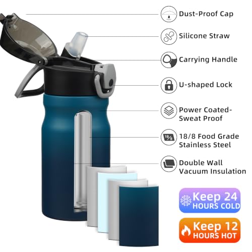 Image of BJPKPK 14 oz Insulated Water Bottle, Straw, Handle, Stainless Steel Flask | Leak Proof Locking Lid, Double Wall Vacuum, Keeps Hot /Cold, BPA Free, Dishwasher Safe, Travel & Sports, Indigo Black