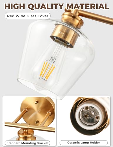 Image of DORESshop 3-Light Gold Bathroom Light Fixtures with Clear Wine Glass Covers, Brushed Brass Bathroom Lighting Fixtures Over Mirrors, Modern Vanity Lights for Bathrooms Bedroom Living Room Hallway, ETL