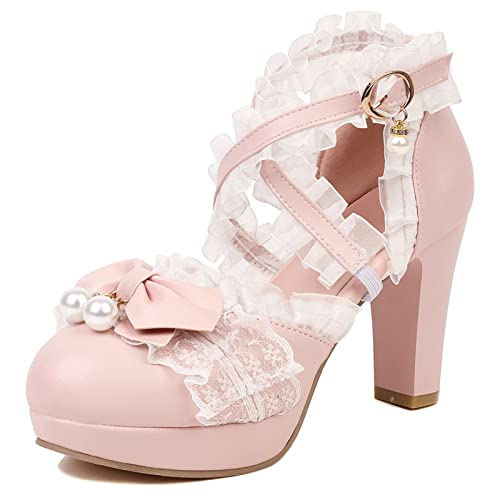 Mary Janes roses à talon carré et plateforme pour femme