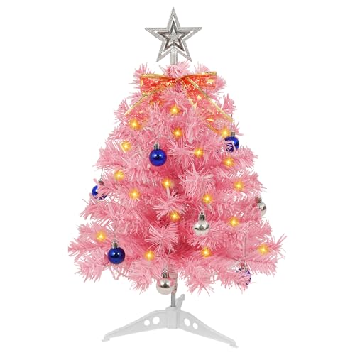 AGM Mini albero di Natale con luci, piccolo albero di Natale rosa da tavolo con mini palline per interni ed esterni, decorazione natalizia per le vacanze