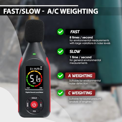 Dezibel-Messgerät, Datenlogger, tragbares Schall-Dezibel-Messgerät, Schallpegelmesser mit 31.000 Datenaufzeichnung und -export, wiederaufladbares Geräuschmessgerät mit A/C-Frequenz, DC-Ausgang, 3