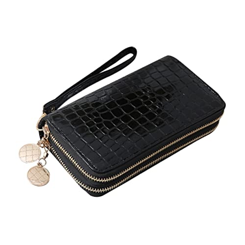 BESPORTBLE Portable PU Leather Double Zipper Wallet for Women Large Capacity Long Clutch Purse with Multi Slots for Cards Cash Coins and Phone Storage Closure Black Patent Finish
