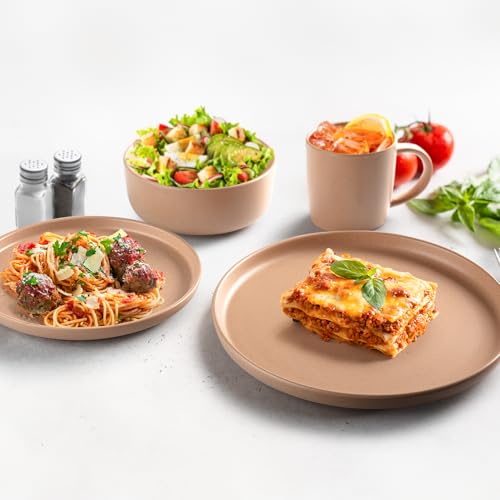 Image of Zulay Kitchen Terra Stoneware Dinnerware Set, Artisanal Ceramic Plates and Bowls Set Crafted at 2300℉ - Service for 4, Terracotta Clay