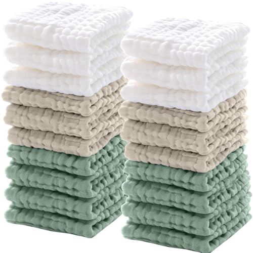 Image of Breling 20 Pcs Baby Muslin Washcloth 12 x 12 Inch 100% Cotton Soft and Absorbent Muslin Washcloth Burp Cloth Wipe Newborn Face Towel for Baby Boy Girl Sensitive Skin (White, Khaki, Dark Green)