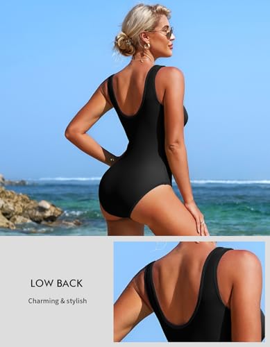 Charmo Women's One Piece Swimsuit Zipper Front Bathing Suits Square Round Neck Swimwear Low Back Monokini3
