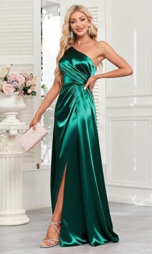 Rjer Womens One Shoulder Bridesmaid Dresses Satin Ruched Cutout Formal Evening Dress with Train3