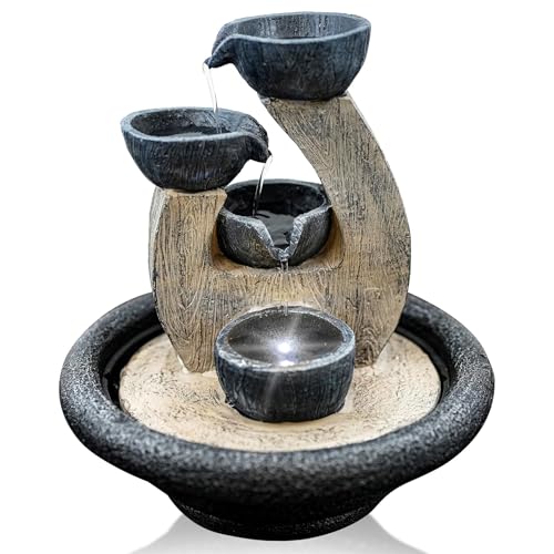 GEEZY Indoor Water Fountain - 4 Bowls Design Water Feature with LED Lights - Mains Powered & Self-Contained, Table Top, Relaxing & Tranquil - Perfect for Home, Living Room, Office Decor