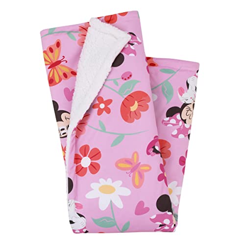 Image of NoJo Disney Minnie Mouse Springtime Flowers Pink Orange, Green, and White Super Soft Sherpa Baby Blanket