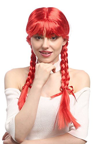 WIG ME UP - XR-008-PC13 Lady Party Wig Halloween Lolita schoolgirl long braided plaits with ribbons fringe red 23inch