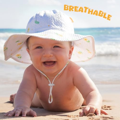 Image of HONGTEYA Baby Sun Hat Toddler Girl Beach Hat Sun Protection Adjustable Outdoor Summer Wide Brim Bucket Hat for Infant Kids