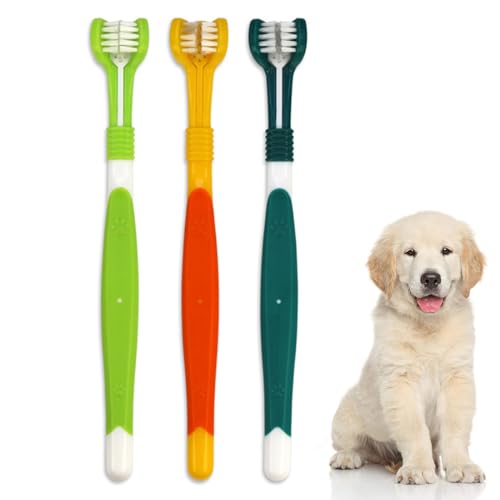 AFCJLTO Juego de 3 cepillos de dientes de mango largo para perros y gatos, limpieza suave para dientes sanos y aliento fresco, cepillo de dientes de triple cabeza para cuidado bucal y limpieza
