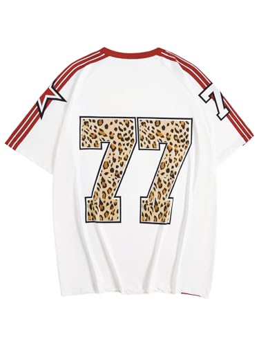 WDIRARA Women's Leopard Number Print Jerseys Oversized Colorblock Drop Shoulder Crew Neck Short Sleeve T-Shirt3