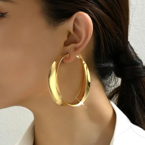 Gold Chunky Hoop Earrings for Women Exaggerated Large Wide Post Thick Hoop Earrings Minimalist Polished 80MM Statement Earrings Prom Jewelry Gift (60MM Gold) by GIGB PBDK - Image 2